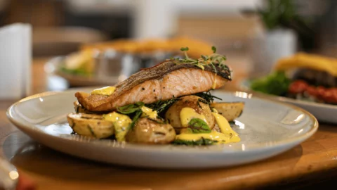 Pan-seared salmon, The Beaches Hotel, Prestatyn,.,