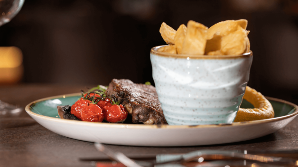 Ribeye Steak with onion rings and chunky chips, The Beaches Hotel, Prestatyn
