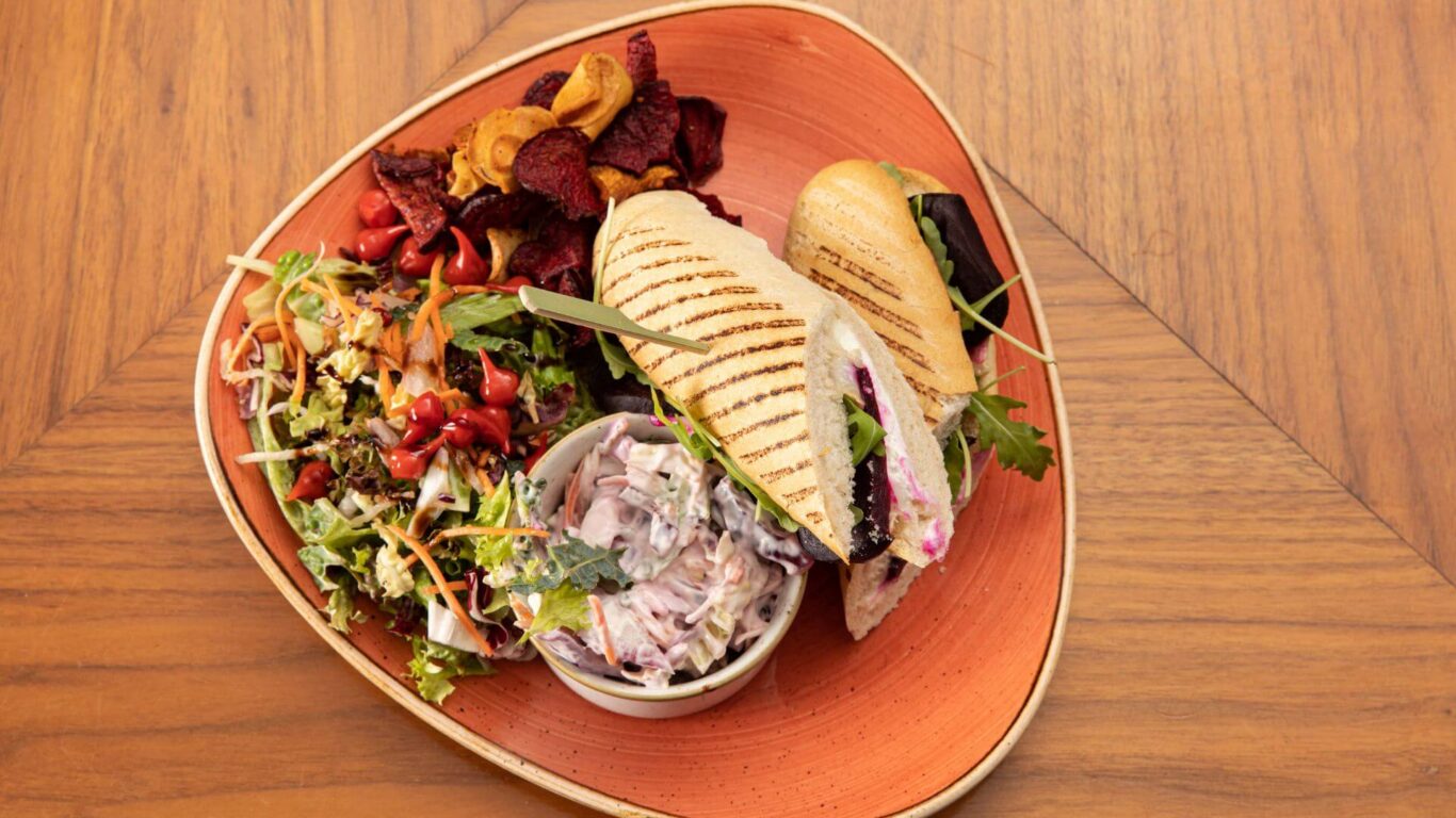 goats cheese and beetroot panini flat lay