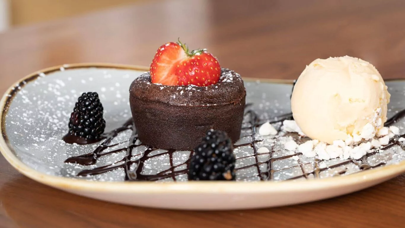 warm choc fondant with strawberry