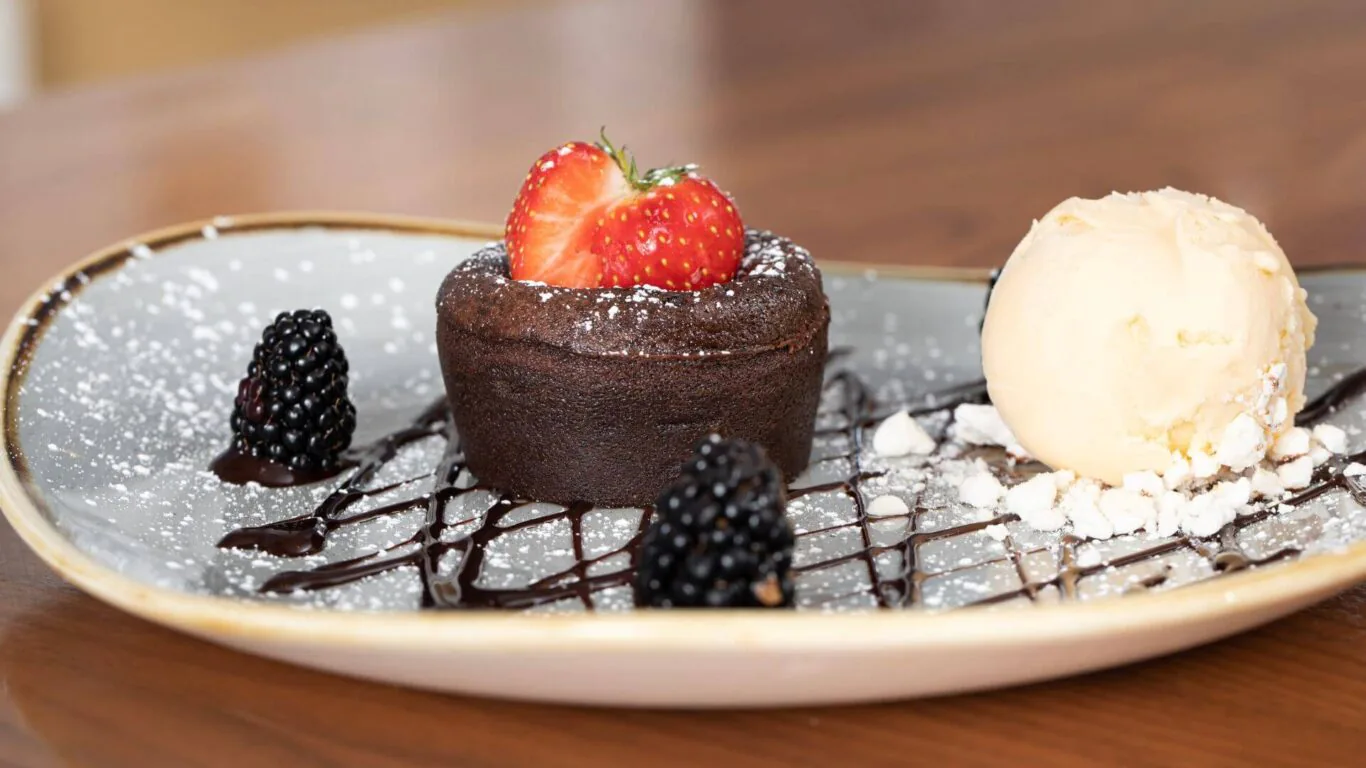 warm choc fondant with strawberry