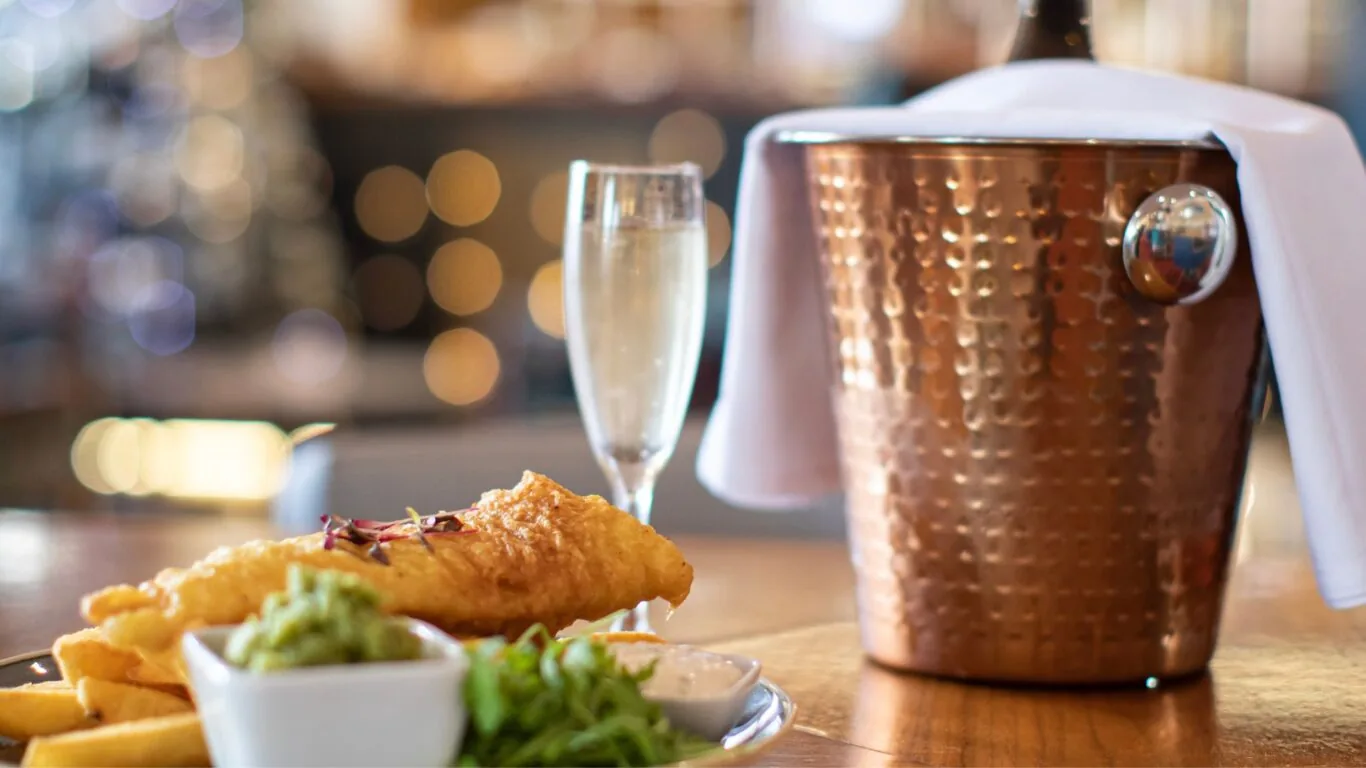 cod and chips with bubbly